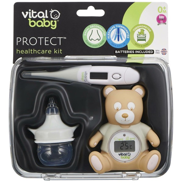 Vital Baby PROTECT Healthcare Kit for Baby - 3pcs Room and Bath Thermometer, Nasal Aspirator, Body Thermometer – Essential Newborn Baby Health and Safety
