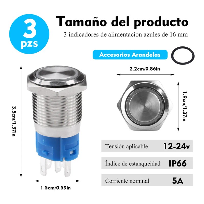 3 Push Button Metal Iluminado 16mm Impermeable Momentáneo Azul