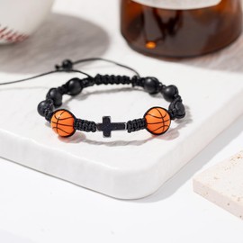 Artlunar Baseball Football Soccer Basketball Volleyball Cross Bracelet For Teen, Natural Stone Bracelet, Gifts for Boys Girls (Basketball)