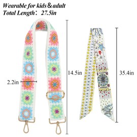 Dexspoeny Purse Straps Replacement Crossbody Set includ 1 Silk Scarf, Vintage Shoulder Strap Purse Strap, Crochet Flower Guitar Strap, Adjustable Wide Purse Strap for Girl Women Gift