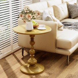 XIV Metal Small Round Side End Table, Vintage Matte Coffee Drink Cocktail Table, Small Accent Pedestal Table for Living Room Corners and Small Spaces, 21” Height (Gold)