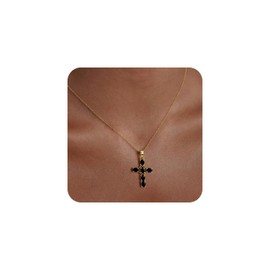 14K Gold Plated Cross Necklace for Women, Cubic Zirconia Pendant, Dainty Religious Jewelry, ValentinesDay Gifts for Her, Stocking Stuffers, Anniversary, Birthday Gifts for Women - Adjustable Chain (Onyx Black)