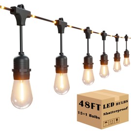 beatineon 48FT Outdoor String Lights - Commercial Grade Waterproof Patio Lights with 15 LED Bulbs