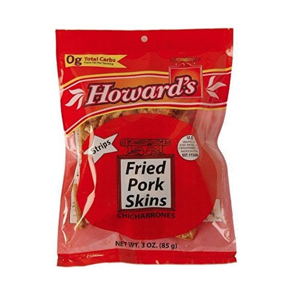 Howards Fried Pork Skins Strips | Crispy Texture, Low Carb, Delicious Flavor | Guilt Free Diet Friendly Low Sugar Snacking | 3oz, Pack of 4