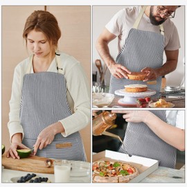 NLUS 2 Pack Cooking Aprons for Women with Pockets, Adjustable Kitchen Bib Aprons Chef Aprons for Women Men(Blue Pinstripes)