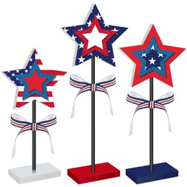 Suzile 3 Pcs Independence Day Tabletop Decorations Signs Wooden The Fourth of July Desktop Ornament Star Tabletop Figurine for Indoor Home Fireplace Mantel Holiday Party