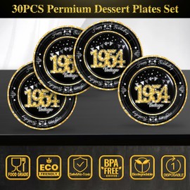 algpty 60 PCS Vintage 70th Birthday Plates and Napkins Set, 70th Birthday Decorations Black and Gold, Service for 30, 1954 Birthday Dessert Plates and Napkins Party Supplies for Men Women