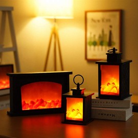 Small Cozy Fireplace Lantern Traditional Realistic Log Wood Flame Effect Light LED Charcoal Style Table Lamp for Indoor and Outdoor Use