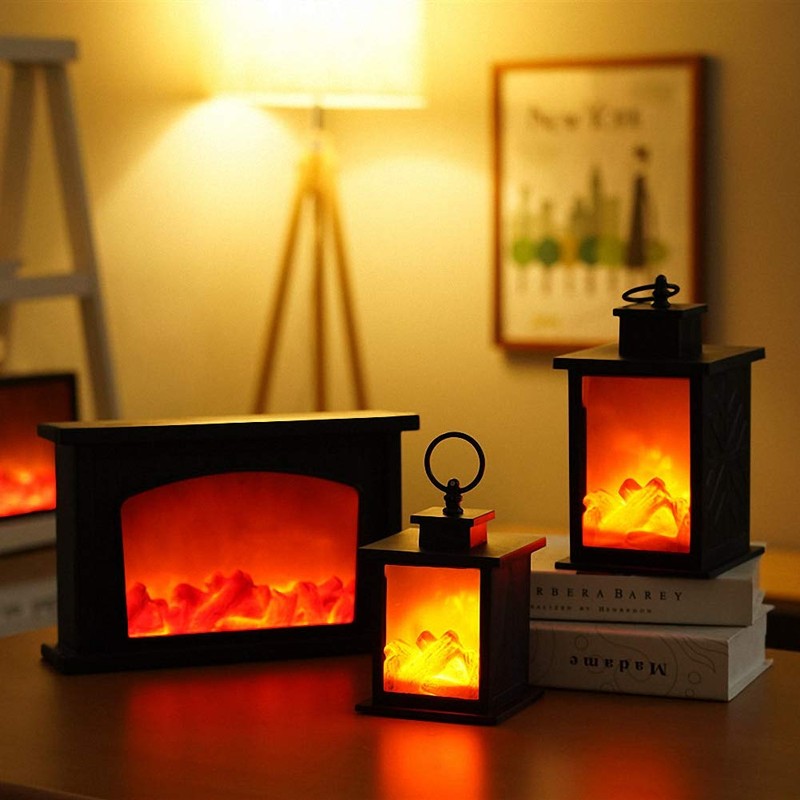 Small Cozy Fireplace Lantern Traditional Realistic Log Wood Flame Effect