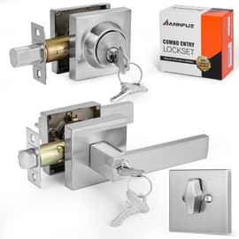 ANNFUZ Keyed Alike Combo Set Entry Door Lever Lock Set with Same Keys & Single Cylinder Deadbolt,Heavy Duty Square Door Handle Lockset,for Front Door, Bedroom & Office,Brushed Nickel