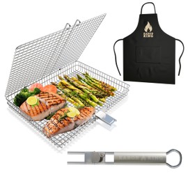 ORIGINAL Jumbo XL Grilling Basket with Detachable Handle and Easy Open/Close Locking Lid. New & Improved Stainless Steel Construction with Larger Capacity (12.5 x 9.5 x 2 inches) for Outdoor BBQ Camping Grilling by Kabob King