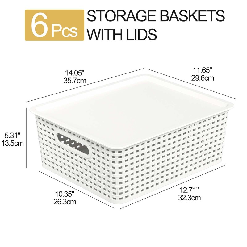 Xowine 6-Pack Plastic Woven Basket with Lids, Lidded Storage Bin,