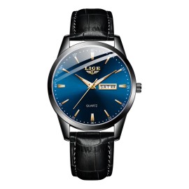 Reloj De Cuarzo Hombre Pulsera De Cuero Casual Wristwatch Correa Negro Bisel Negro Fondo Azul