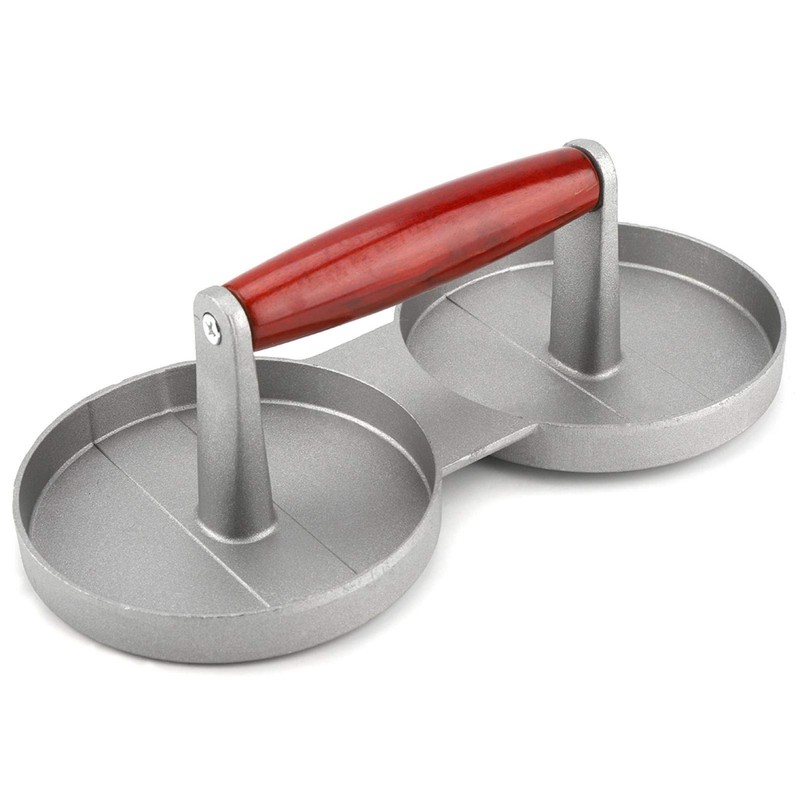 Non-Stick Double Burger Press Mould Aluminum Alloy with Wooden Handle