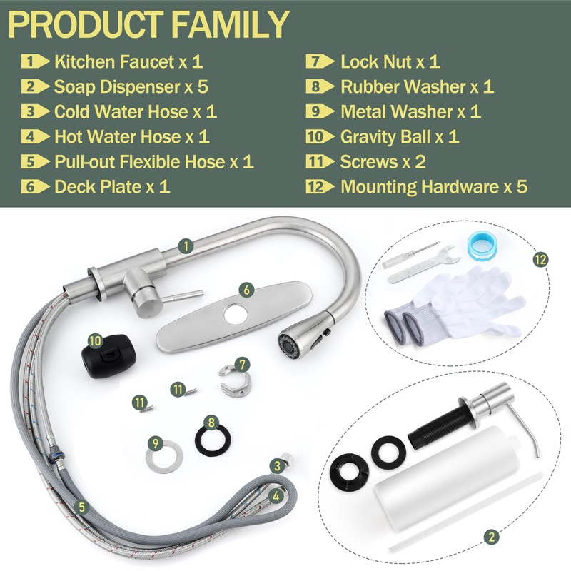 Herogo Brushed Nickel Kitchen Sink Faucet Set with Pull Down