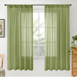 BGment Olive Green Linen Curtains for Living Room 63 Inch Length - Rod Pocket Natural Textured Light Filtering Drapes for Farmhouse Bedroom Lightweight Rustic Decor, 2 Panels Set, 52 X 63 Inch