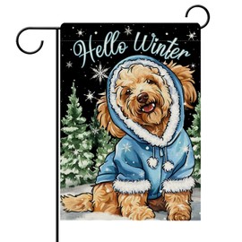 Dyrenson Hello Winter Goldendoodle Dog Decorative Garden Flag, Pine Tree Yard Outside Home Decorations Pet Lover Gift, Christmas Seasonal Burlap Outdoor Small Decor Double Sided 12 x 18