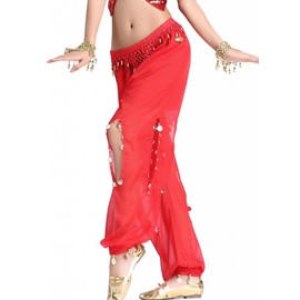 ZLTdream Women's Belly Dance Coins Lantern Pants Red