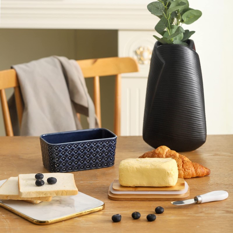 Hasense Ceramic Butter Dish with Bamboo Lid, Large Butter Container