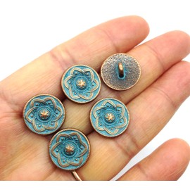 KARMELLING 10PC Metal Sewing Shank Buttons, Antiqued Copper Spray Painted Blue Flower Pattern Round Button 15mm(5/8")
