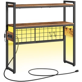 HOOBRO Desktop Bookcase, 2-Tier Desktop Organizer, 29.9" Wooden Office Storage Rack with Outlets, Display Shelf Rack with Light Strip, Desk Hutch for Office, Rustic Brown BF11UDSJ01