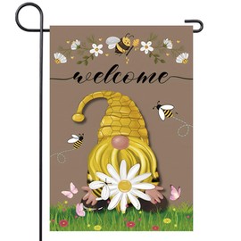 Spring Summer Garden Flag 12x18 Inch Double Sided Welcome Gnome, Butterfly, Bee, Daisy Flower for Outside Yard Decoration Small
