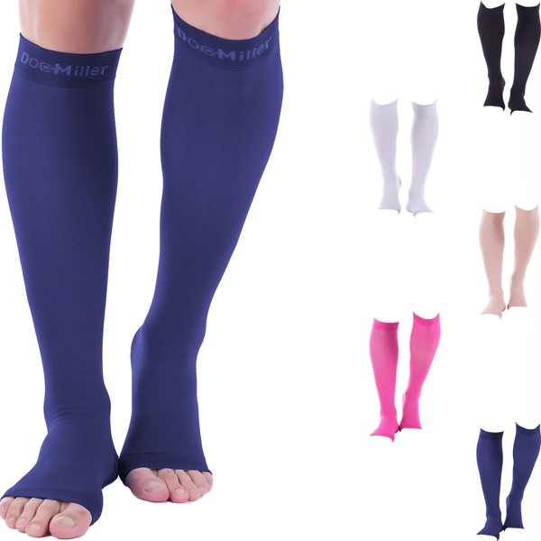 Doc Miller Open Toe Compression Socks for Women 8-15 mmHg Compression Socks for Men and Women Support Circulation, Shin Splints & Varicose Veins Recovery, 1 Pair Dark Blue Color Medium Size