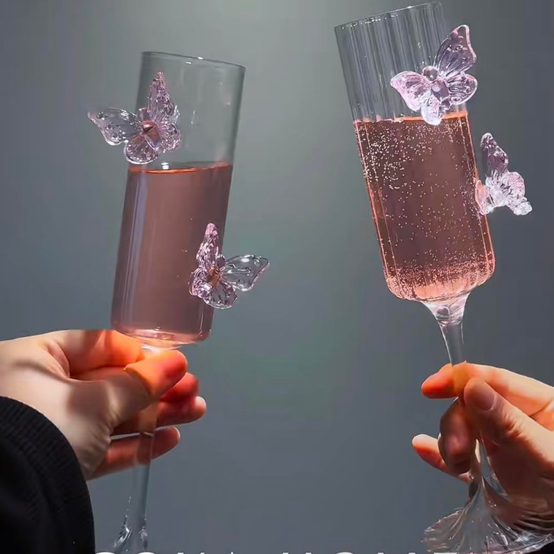 2Pcs Pink Butterfly Wine Glasses, 3D Butterfly Champagne Cups Drinking