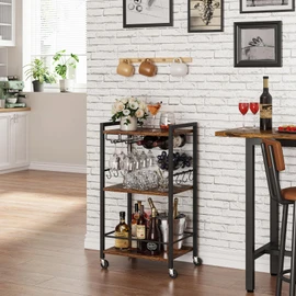 TUTOTAK Bar Cart, Home Bar Serving Cart, Small Wine Cart with 3-Tier Shelf, Beverage cart, Drink Cart with Wine Rack, Glass Holder, Rolling bar carts for The Home, Living Room, Brown BC01BB035
