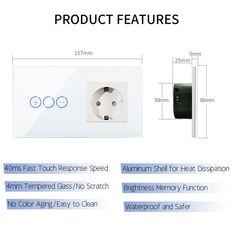 CNBINGO WLAN Dimmschalter mit Schuko Steckdose unterputz - Smart Touch