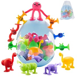 ZMZS Suction Toys for Baby,Bath Toys for Kids Ages 4-8,40 Pieces Toddler Stress Release Sensory Toys,Silicone Suction Cup Animal with Dinosaur Eggshell Storage,Educational Gift for Boys Girls Age 3+