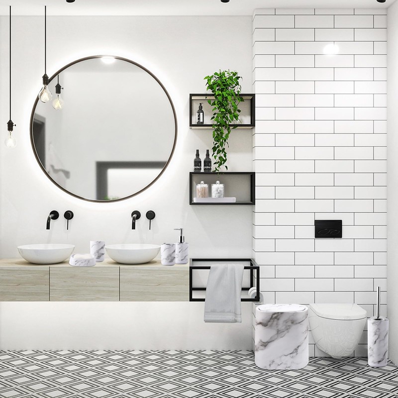 InnJoey Bathroom Accessories Set, 9-Piece Marble White Bathroom Set, White