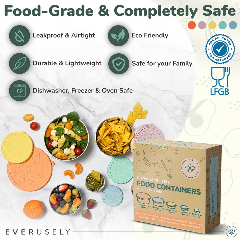 Everusely - Stainless Steel Containers with Lids - Set of