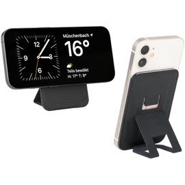 TROIKA MagSafe Card Holder - HILDECARD - for 1-2 Cards for Magnetic Attachment to Smartphone - Stand Functions for Horizontal and Vertical Standing - Faux Leather - Black Original, black, Minimalist