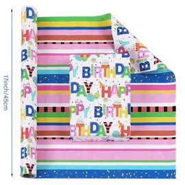 LUVONA Reversible Birthday Wrapping Paper,Gift Wrapping Paper Roll,Wrapping Paper -Mini Roll- 17 Inch X 33 Feet(47 sq ft)- Colorful Happy Birthday Pattern For Boys Girls, Party, Baby Shower