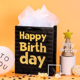 Loveinside Black Birthday Gift Bag with Tissue Paper for Birthday, Baby Shower, Party, and More - 13" x 10" x 5", 1 Pcs