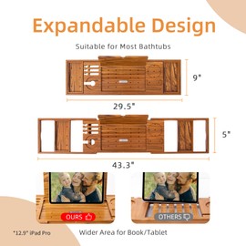 Flyjoe Luxury Teak Bathtub Tray - Foldable Bath Caddy with Expandable Handles, Wine Glass & Phone Holder, Book Stand - Enhance Home Spa Experience with Natural Material - Relaxing & Reading