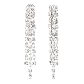BriLove Fashion 2 Layer Long Tassel Fringe Earrings Rhinestone Crystal Marquise Dangling for Women Wedding Party Prom Clear Silver-Tone