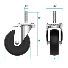HOLKIE Caster Wheels 3 inch with No Brake Stem Casters, 3/8" -16 x 1-1/2" (Stem Diameter 3/8", Stem Length 1-1/2") Threaded Swivel Casters Set of 4 Heavy Duty Castors Black
