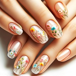 24Pcs Summer Flower Press on Nails Green Leaves Medium Square Fake Nails Acrylic Full Cover False Nail Glossy Colorful Flowers Stick on Nail Leaf Gel Glue on Fingernails for Holiday Manicure Art