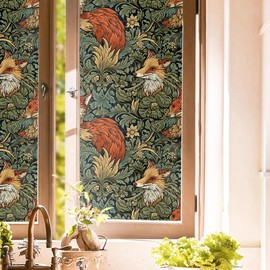 Vintage William Morris Leaf Plants Fox Stained Glass Window Films Decorative Double-Side Privacy Film Self-Adhesive Static Glass Window Clings for Living Room Bathroom Glass Windows Decor