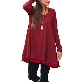 Poetsky Flowy Women's Plus Size Tunic Tops Long Loose Fit Long Sleeve Shirts (XXL,Dark Red)