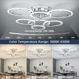 SEABLE 7-Ring Modern LED Flush Mount Ceiling Light - 31.8" Dimmable Close-to-Ceiling Fixture with Remote Control, 130W 3000K-6500K Adjustable Color Temperature for Bedroom, Living Room (Chrome)
