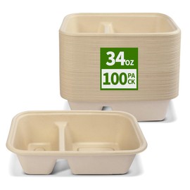 AICHEF 100 Pack 2 Compartment Paper Bowls for Chip Dip, Nacho Cheese, Main Dish and Sides, Microwavable Two Compartment Deep Disposable Bowls for Snacks, Party Catering