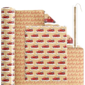 LaRibbons Reversible Christmas Wrapping Paper, Kraft Paper, 17 Inch X 40 Feet (56.6 sq. ft. ttl.) Mini Roll with Natural Jute Twine, Truck and Ho Ho Design for Christmas, Party, Holiday, Celebration