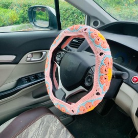 OnEternal - Funda para volante de ganchillo hecha a mano Sakura Pink Galsang Flower Funda para cinturón de seguridad, accesorios para interiores del coche (Funda para volante)