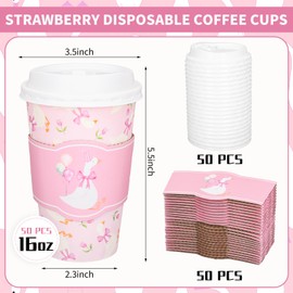 Whaline 50Pcs Silly Goose Disposable Coffee Cups with Lids and Sleeves Pink Bow Cute Goose Paper Drinking Cups for Spring Birthday Baby Shower Party Supplies