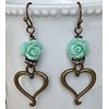 Bronze Heart with Rhinestone and Blue Rose Earrings Love Valentine