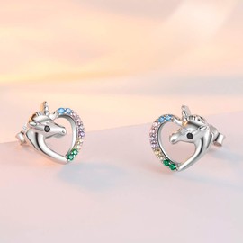 Qings Rainbow Unicorn Earrings, 925 Sterling Silver Heart Shaped Stud Earrings with Colorful Cubic Zirconias, Jewellery Gift for Women Girls Niece Birthday Christmas Thanksgiving Day Valentine's Day