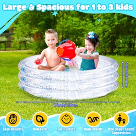 Arrowbash 2 Pack 47 Inch Inflatable Swimming Pool Round 3 Rings Plastic Blow up Pool with Silver Glitter and Cushioned Bottom for People Over 6 Years Backyard Garden, Clear